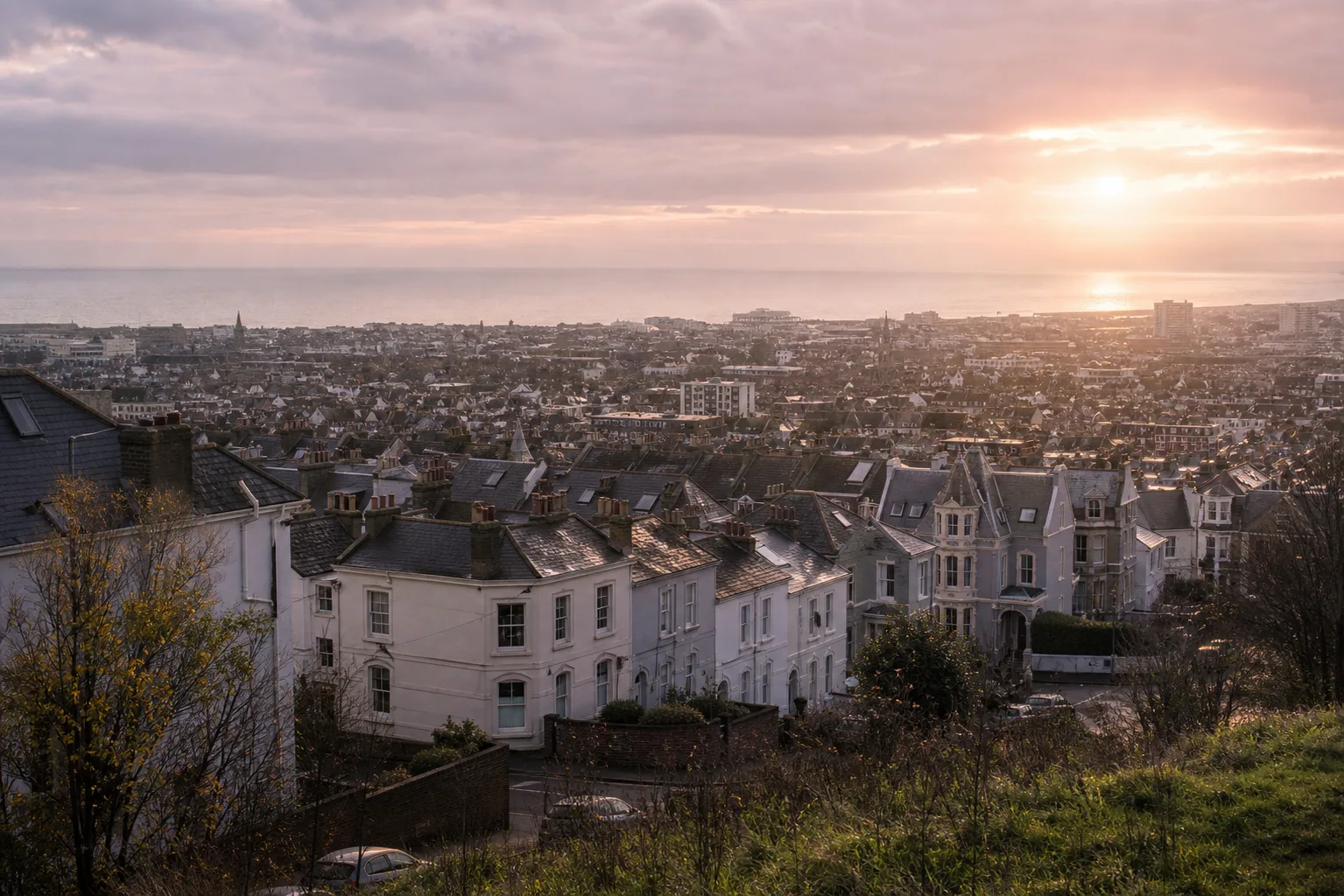 Elevated view across Brighton rooftops toward the sea