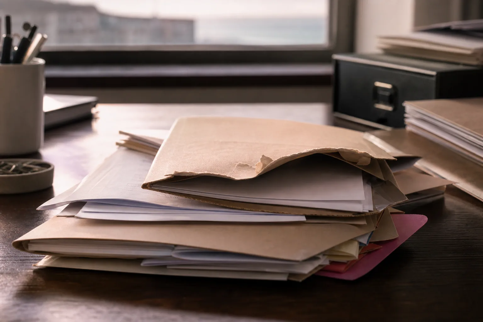 Opened sealed envelopes and paperwork on a desk