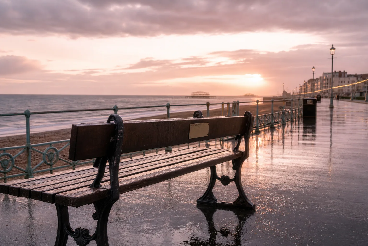 Brighton seafront bench after rain
